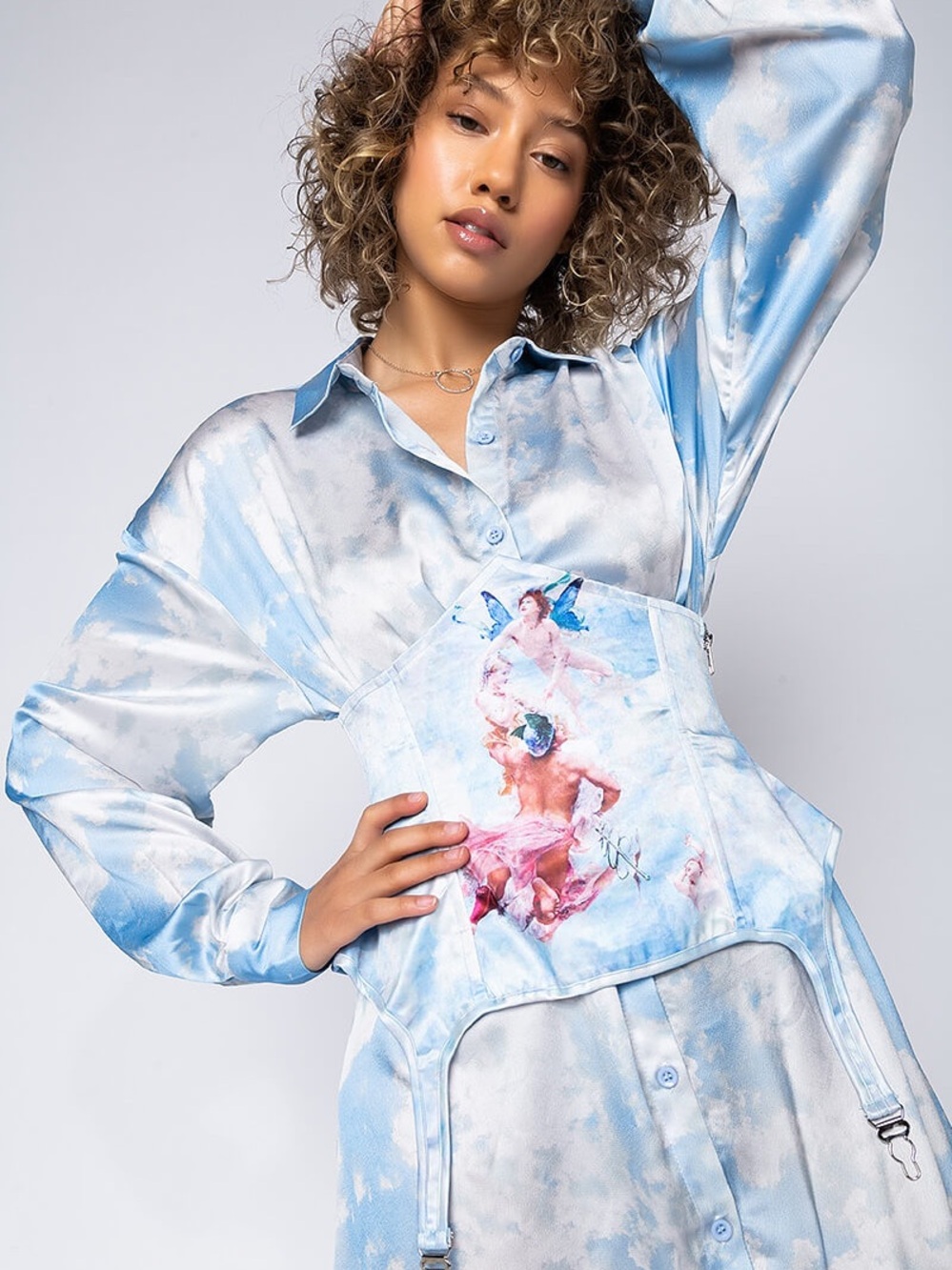 AKIRA Sky-Print Satin Corset Dress in Light Blue - Picture 7 of 17
